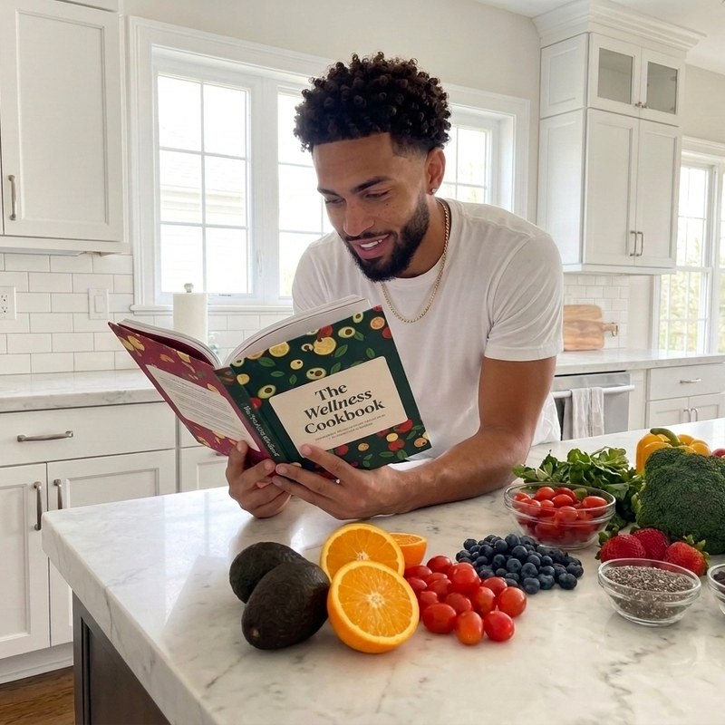 Jordan reading The Wellness Cookbook